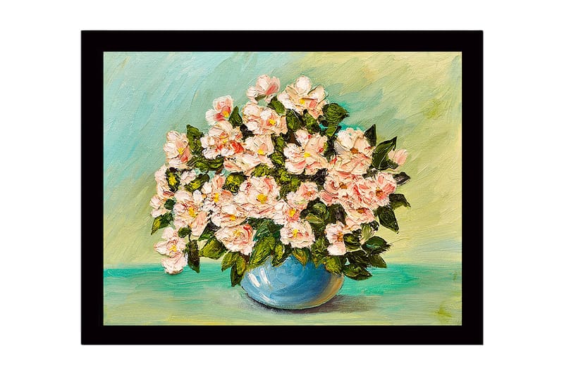 Innrammet lerretsbilde i tre - 41x56 cm - Fargerik blomsterbukett i en blå vase - Lys rosa / Grønn / Blå - Innredning - Bilder & kunst