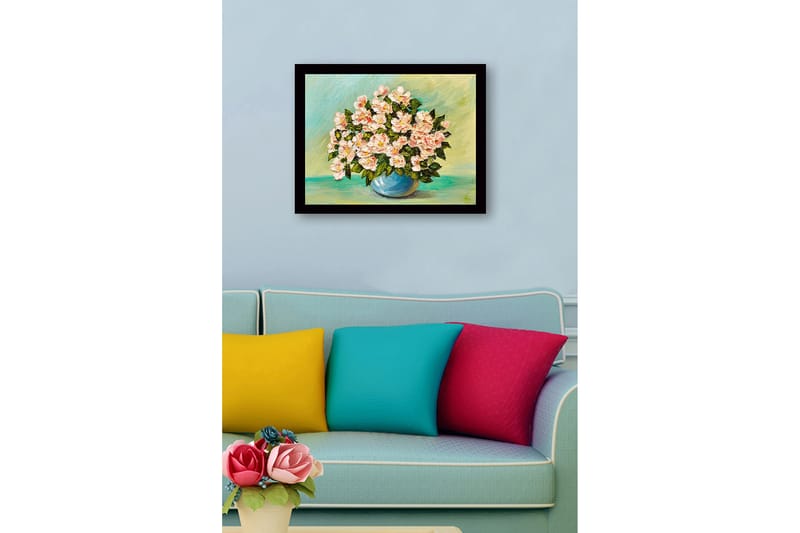 Innrammet lerretsbilde i tre - 41x56 cm - Fargerik blomsterbukett i en blå vase - Lys rosa / Gr ønn / Blå - Innredning - Bilder & kunst