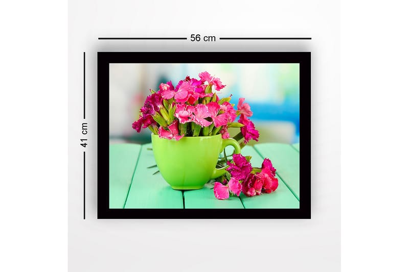 Innrammet lerretsbilde i tre - 41x56 cm - Fargerik blomsterbukett i en grønn kopp - Grønn / Rosa - Innredning - Bilder & kunst