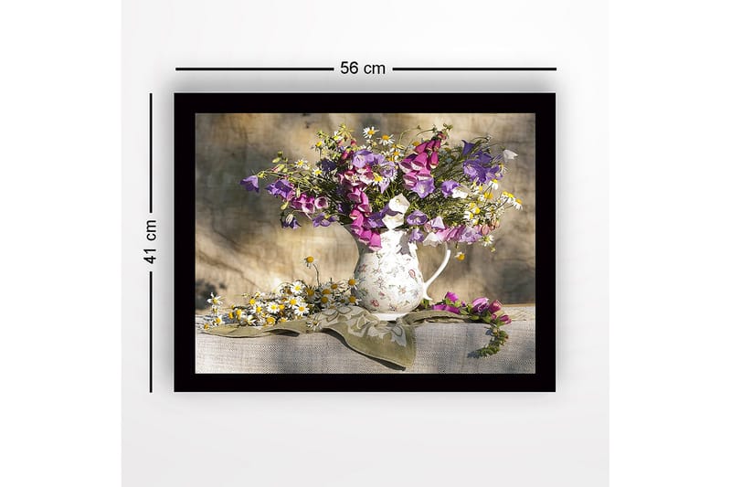 Innrammet lerretsbilde i tre - 41x56 cm - Fargerik blomsterbukett i en keramisk mugge - Lilla / Hvit / Gul - Innredning - Bilder & kunst