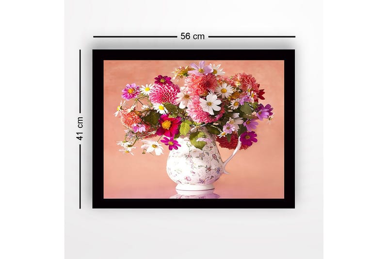 Innrammet lerretsbilde i tre - 41x56 cm - Fargerik blomsterbukett i en porselensmugge - Rosa / Hvit / Grønn - Innredning - Bilder & kunst