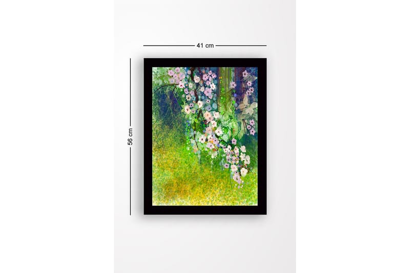 Innrammet lerretsbilde i tre - 41x56 cm - Fargerik blomsterbukett i frodige omgivelser - Grønn / Rosa / Hvit - Innredning - Bilder & kunst