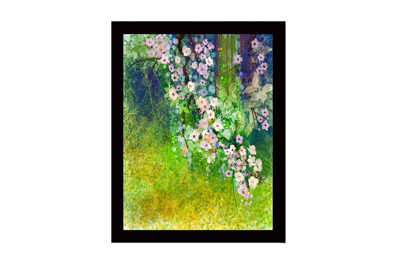 Innrammet lerretsbilde i tre - 41x56 cm - Fargerik blomsterbukett i frodige omgivelser - Grønn / Rosa / Hvit - Innredning - Bilder & kunst