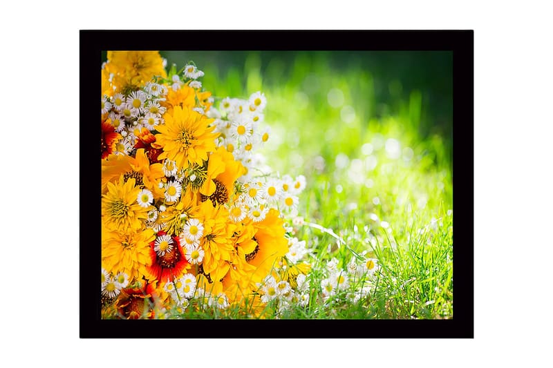 Innrammet lerretsbilde i tre - 41x56 cm - Fargerik blomsterbukett i gult og hvitt, Gul / Hvit