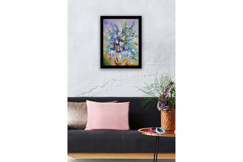 Innrammet lerretsbilde i tre - 41x56 cm - Fargerik blomsterbukett i livlige nyanser - Blå / Hvit / Grønn - Innredning - Bilder & kunst