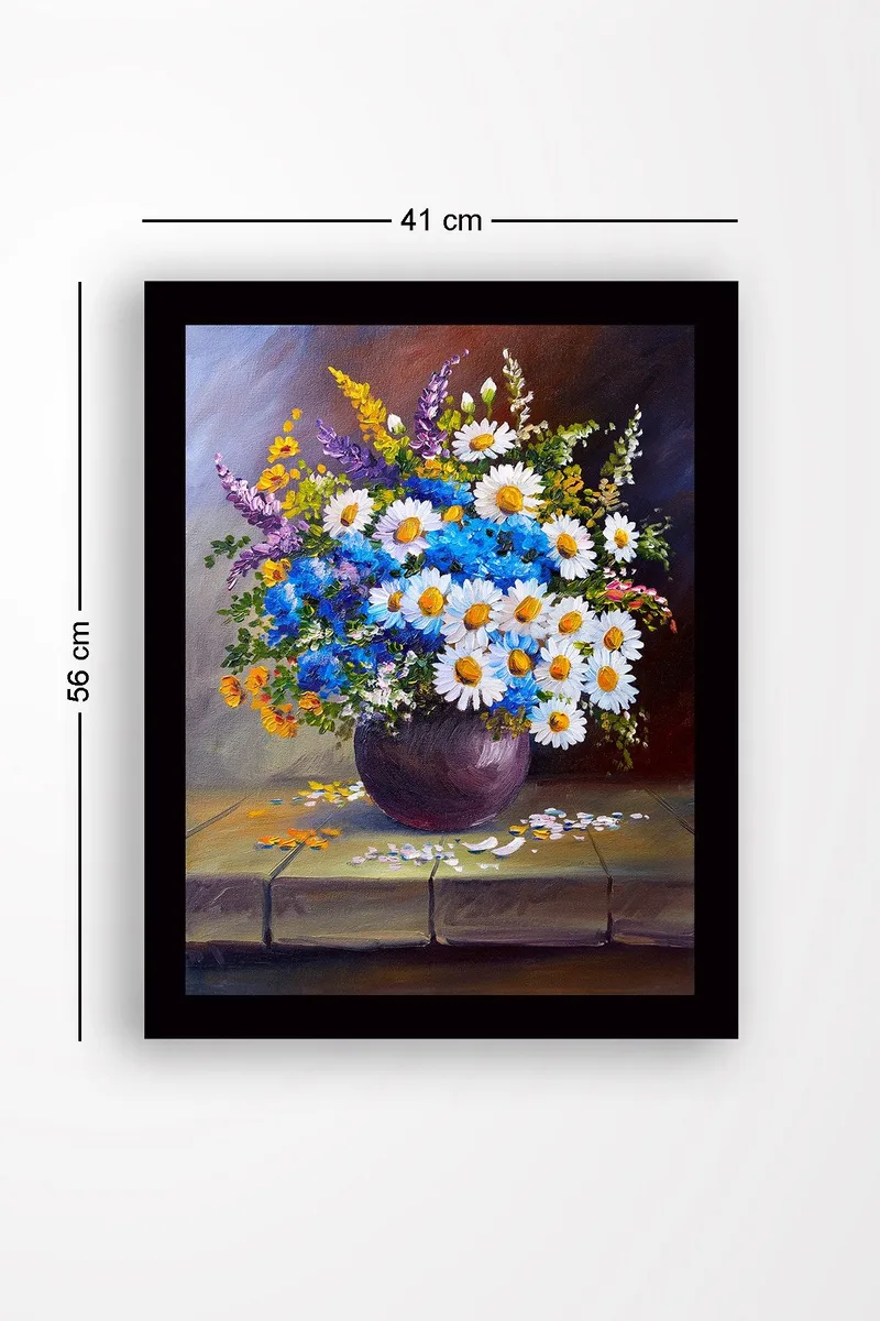 Innrammet lerretsbilde i tre - 41x56 cm - Fargerik blomsterbukett i vase - Blå / Hvit / Gul - Innredning - Bilder & kunst