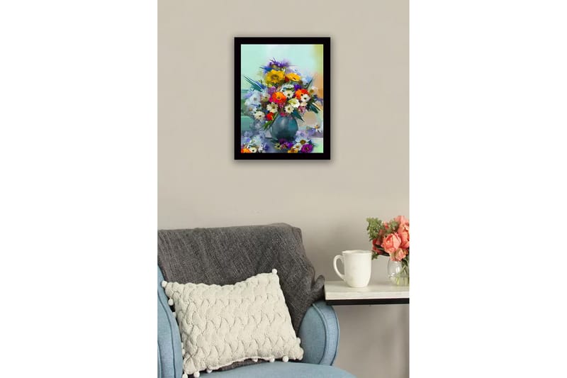 Innrammet lerretsbilde i tre - 41x56 cm - Fargerik blomsterbukett i vase - Gul / Grønn / Lilla - Innredning - Bilder & kunst