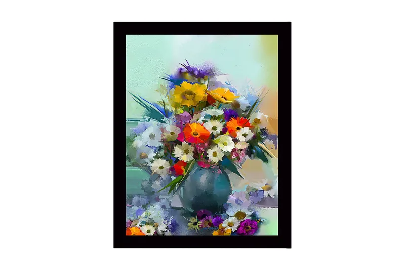 Innrammet lerretsbilde i tre - 41x56 cm - Fargerik blomsterbukett i vase, Gul / Grønn / Lilla