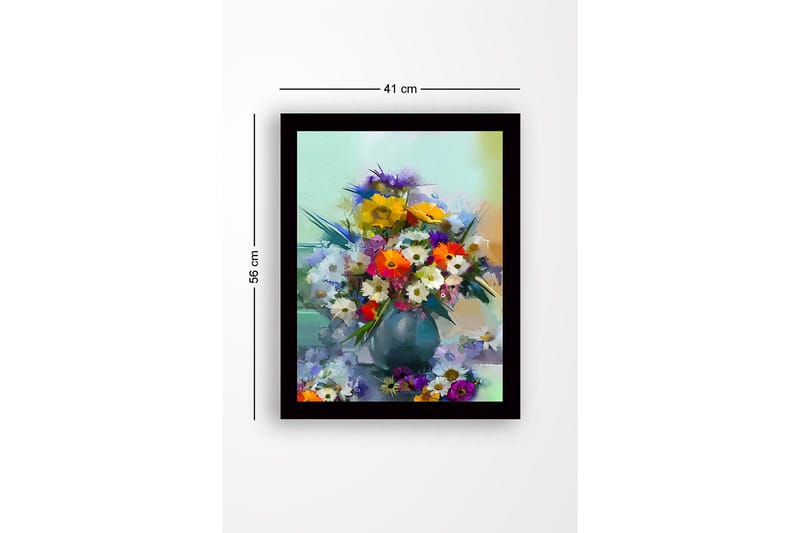 Innrammet lerretsbilde i tre - 41x56 cm - Fargerik blomsterbukett i vase - Gul / Grønn / Lilla - Innredning - Bilder & kunst