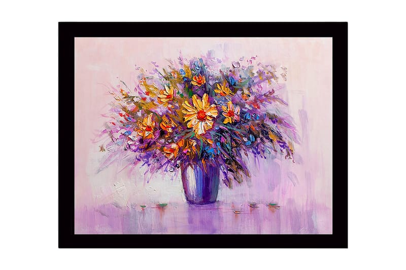 Innrammet lerretsbilde i tre - 41x56 cm - Fargerik blomsterbukett i vase, Lilla / Oransje / Gul