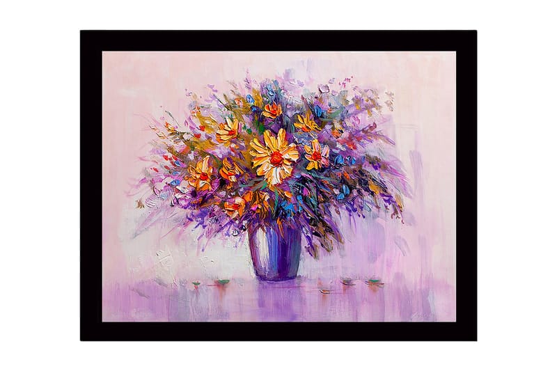 Innrammet lerretsbilde i tre - 41x56 cm - Fargerik blomsterbukett i vase, Lilla / Oransje / Gul