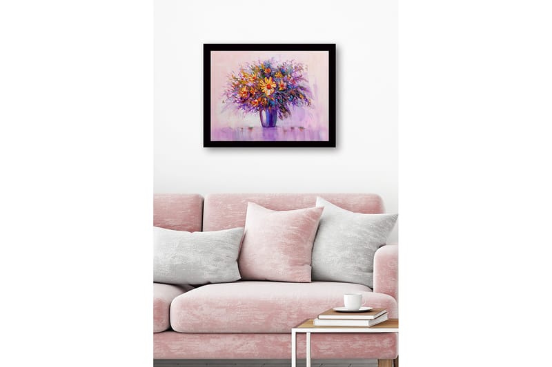 Innrammet lerretsbilde i tre - 41x56 cm - Fargerik blomsterbukett i vase - Lilla / Oransje / Gul - Innredning - Bilder & kunst