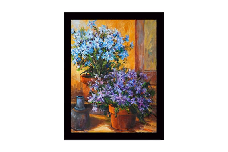 Innrammet lerretsbilde i tre - 41x56 cm - Fargerik blomsterbukett i potter, Blå / Lilla / Grønn