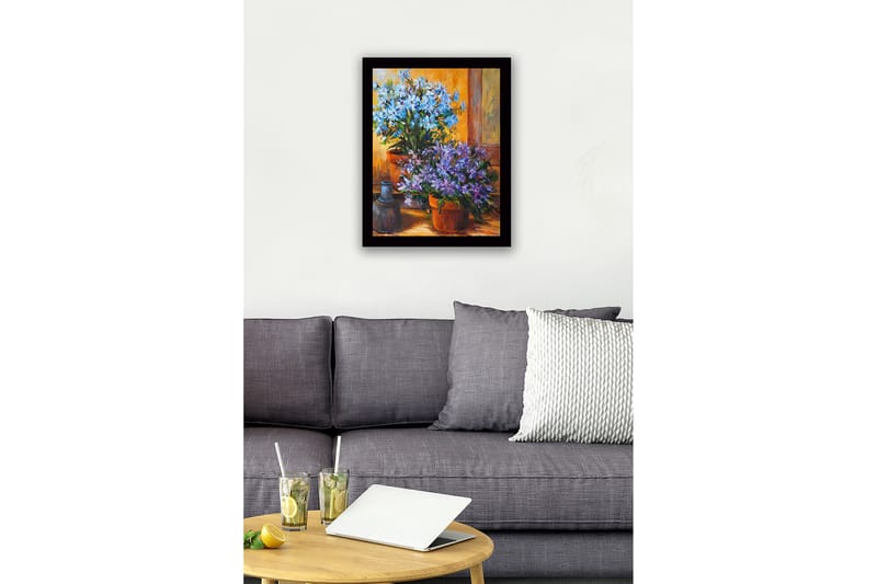 Innrammet lerretsbilde i tre - 41x56 cm - Fargerik blomsterbukett i potter - Blå / Lilla / Grønn - Innredning - Bilder & kunst