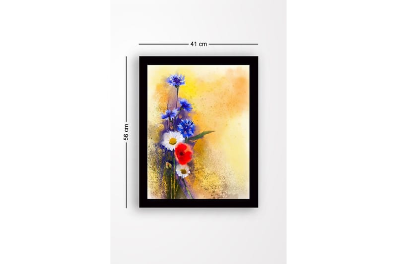 Innrammet lerretsbilde i tre - 41x56 cm - Fargerik blomsterbukett med blå og røde elementer - Blå / Rød / Hvit - Innredning - Bilder & kunst