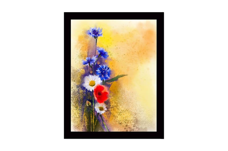 Innrammet lerretsbilde i tre - 41x56 cm - Fargerik blomsterbukett med blå og røde elementer, Blå / Rød / Hvit