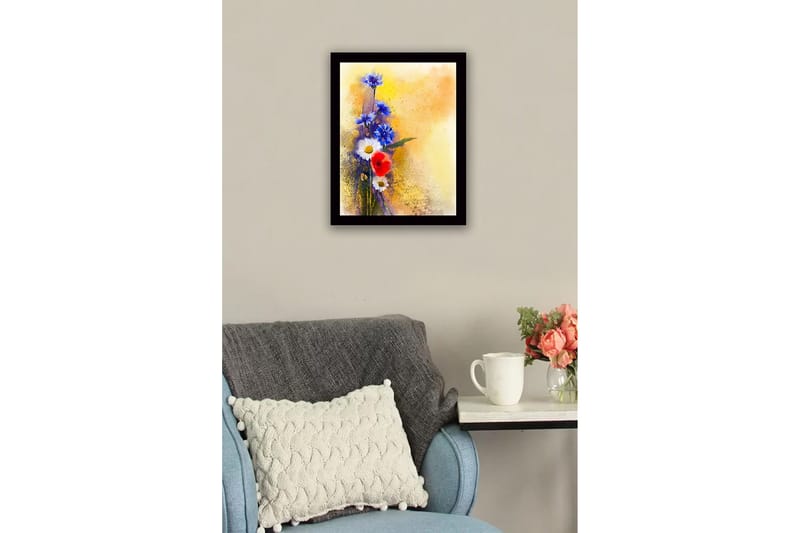 Innrammet lerretsbilde i tre - 41x56 cm - Fargerik blomsterbukett med blå og røde elementer - Blå / Rød / Hvit - Innredning - Bilder & kunst