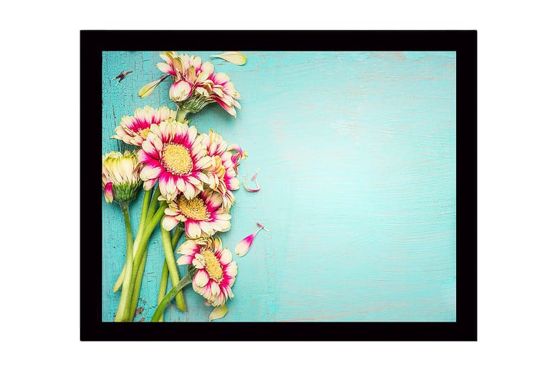 Innrammet lerretsbilde i tre - 41x56 cm - Fargerik blomsterbukett med rosa og hvite kronblader - Rosa / Hvit / Grønn - Innredning - Bilder & kunst