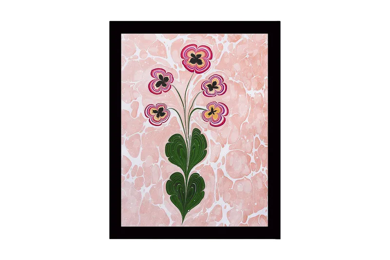 Innrammet lerretsbilde i tre - 41x56 cm - Fargerik blomsterbukett med stiliserte blomster, Rosa / Grønn / Svart