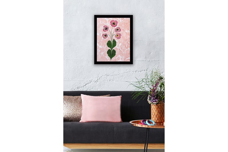Innrammet lerretsbilde i tre - 41x56 cm - Fargerik blomsterbukett med stiliserte blomster - Rosa / Grønn / Svart - Innredning - Bilder & kunst
