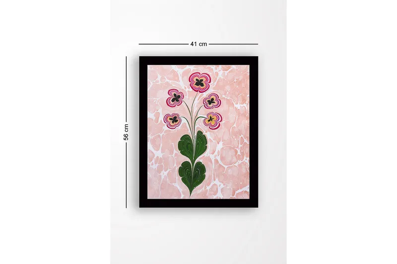 Innrammet lerretsbilde i tre - 41x56 cm - Fargerik blomsterbukett med stiliserte blomster - Rosa / Grønn / Svart - Innredning - Bilder & kunst