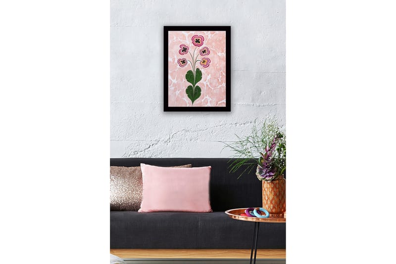 Innrammet lerretsbilde i tre - 41x56 cm - Fargerik blomsterbukett med stiliserte blomster - Rosa / Grønn / Svart - Innredning - Bilder & kunst