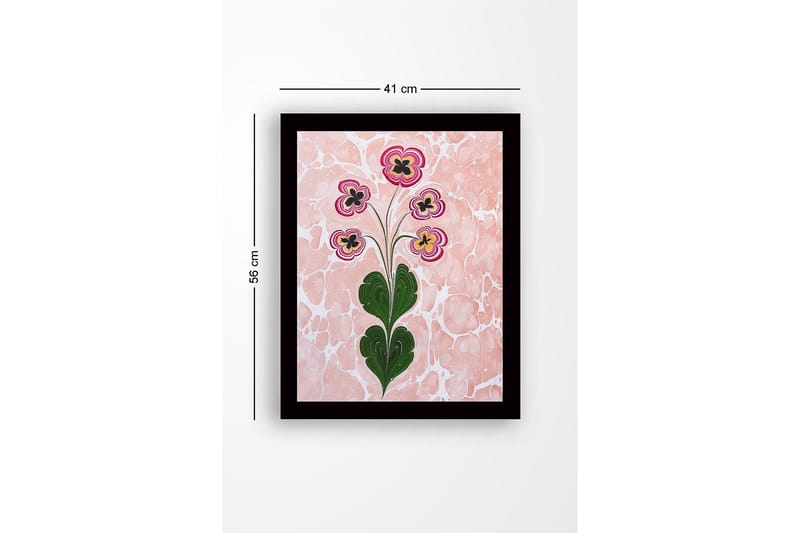 Innrammet lerretsbilde i tre - 41x56 cm - Fargerik blomsterbukett med stiliserte blomster - Rosa / Grønn / Svart - Innredning - Bilder & kunst