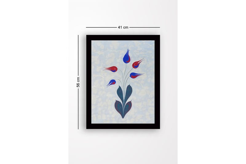 Innrammet lerretsbilde i tre - 41x56 cm - Fargerik blomsterbukett med stiliserte knopper - Rød / Blå / Grønn - Innredning - Bilder & kunst