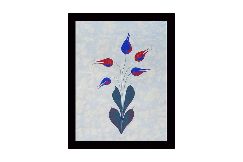 Innrammet lerretsbilde i tre - 41x56 cm - Fargerik blomsterbukett med stiliserte knopper, Rød / Blå / Grønn