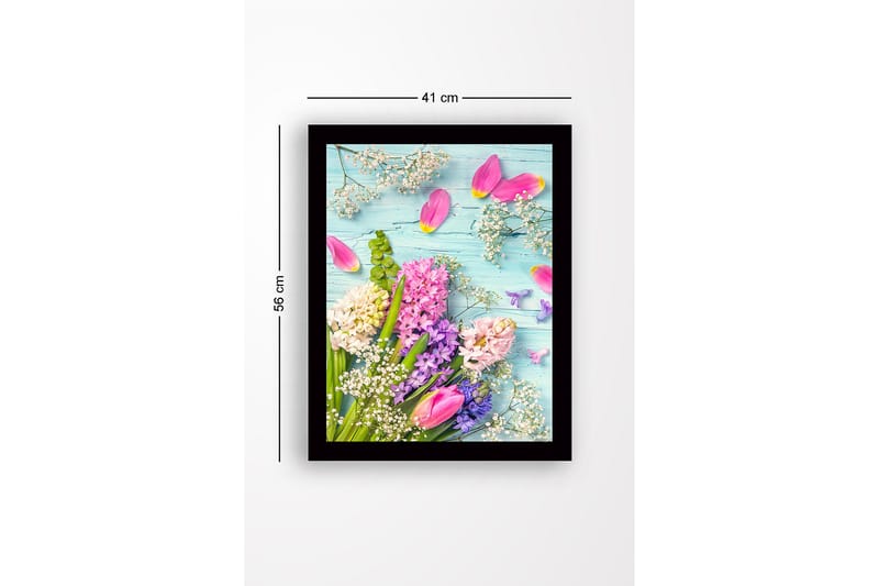 Innrammet lerretsbilde i tre - 41x56 cm - Fargerik blomsterbukett med tulipaner og hyasinter - Rosa / Lilla / Hvit - Innredning - Bilder & kunst