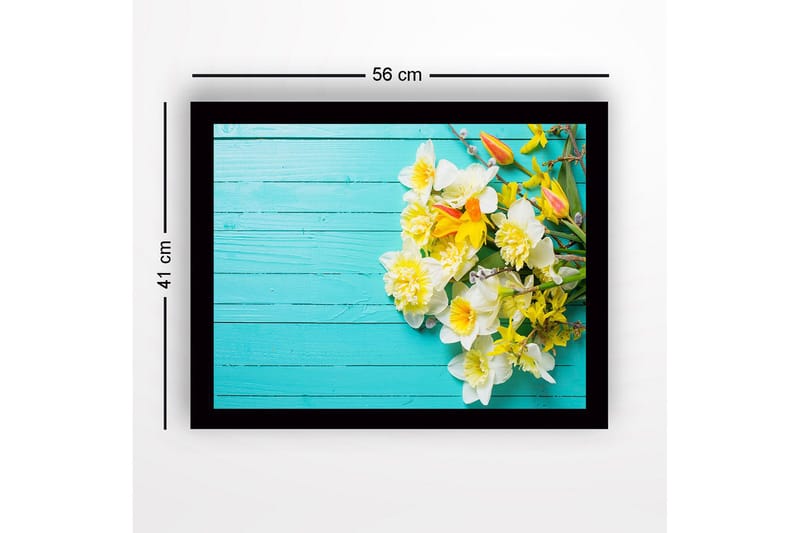 Innrammet lerretsbilde i tre - 41x56 cm - Fargerik blomsterbukett på turkis bakgrunn - Hvit / Gul / Turkis - Innredning - Bilder & kunst