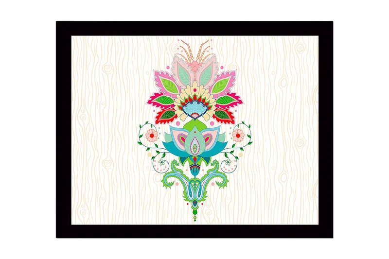 Innrammet lerretsbilde i tre - 41x56 cm - Fargerik blomsterdesign med detaljerte blader og mønstre, Rosa / Grønn / Blå