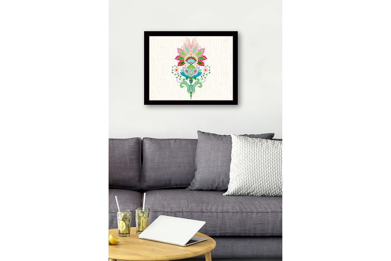 Innrammet lerretsbilde i tre - 41x56 cm - Fargerik blomsterdesign med detaljerte blader og mønstre - Rosa / Grønn / Blå - Innredning - Bilder & kunst