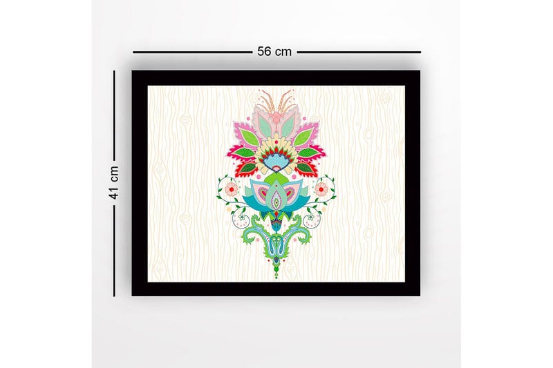 Innrammet lerretsbilde i tre - 41x56 cm - Fargerik blomsterdesign med detaljerte blader og mønstre - Rosa / Grønn / Blå - Innredning - Bilder & kunst