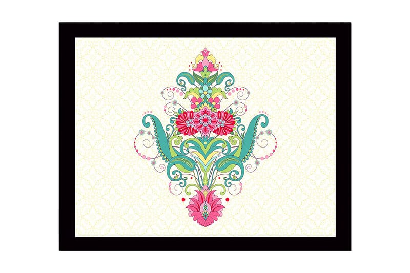 Innrammet lerretsbilde i tre - 41x56 cm - Fargerik blomsterdesign med spiraler og dekorative detaljer, Grønn / Rosa / Turkis