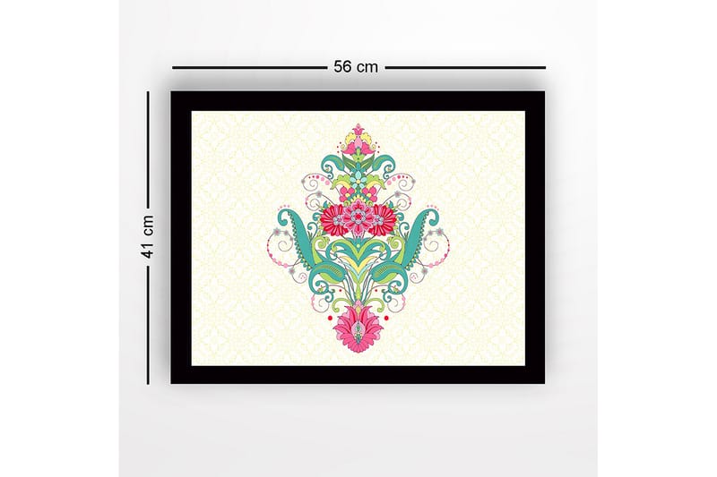 Innrammet lerretsbilde i tre - 41x56 cm - Fargerik blomsterdesign med spiraler og dekorative detaljer - Grønn / Rosa / Turkis - Innredning - Bilder & kunst