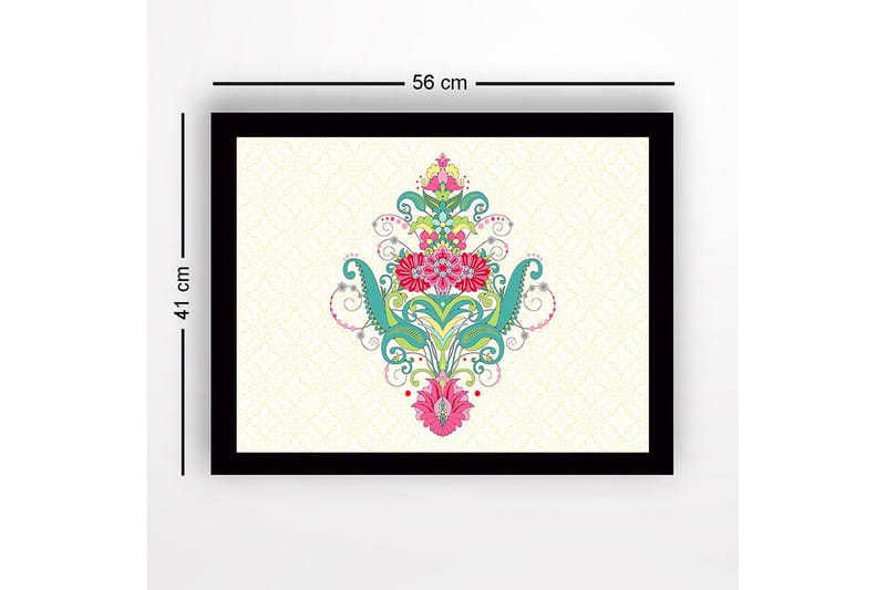 Innrammet lerretsbilde i tre - 41x56 cm - Fargerik blomsterdesign med spiraler og dekorative detaljer - Grønn / Rosa / Turkis - Innredning - Bilder & kunst