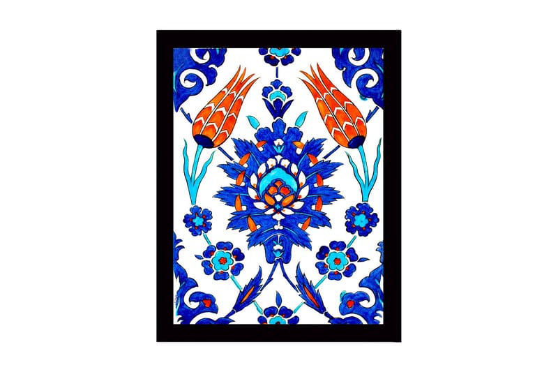 Innrammet lerretsbilde i tre - 41x56 cm - Fargerik blomsterdesign med stiliserte blomster og bladverk, Blå / Rød / Grønn