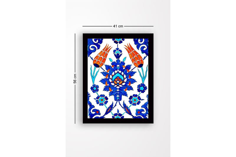 Innrammet lerretsbilde i tre - 41x56 cm - Fargerik blomsterdesign med stiliserte blomster og bladverk - Blå / Rød / Grønn - Innredning - Bilder & kunst