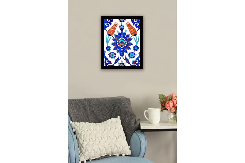 Innrammet lerretsbilde i tre - 41x56 cm - Fargerik blomsterdesign med stiliserte blomster og bladverk - Blå / Rød / Grønn - Innredning - Bilder & kunst