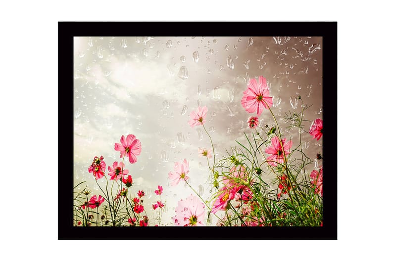 Innrammet lerretsbilde i tre - 41x56 cm - Fargerik blomstereng med rosa blomster - Rosa / Grønn - Innredning - Bilder & kunst