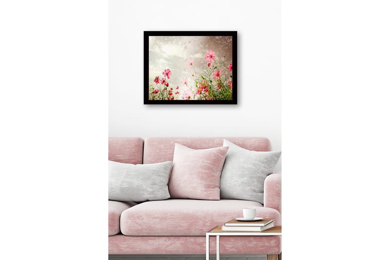 Innrammet lerretsbilde i tre - 41x56 cm - Fargerik blomstereng med rosa blomster - Rosa / Grønn - Innredning - Bilder & kunst