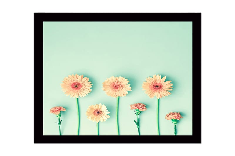 Innrammet lerretsbilde i tre - 41x56 cm - Fargerik blomsterrekke med gerbera og nellik, Lys oransje / Grønn / Mintgrønn