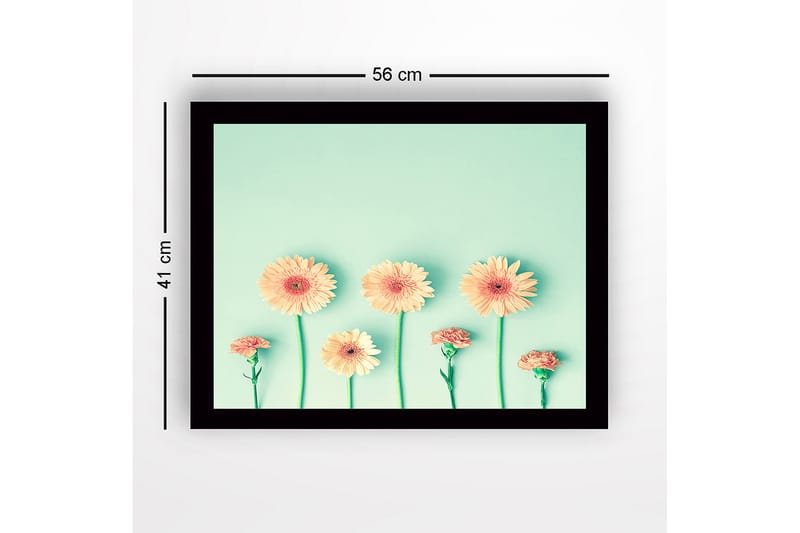 Innrammet lerretsbilde i tre - 41x56 cm - Fargerik blomsterrekke med gerbera og nellik - Lys oransje / Grønn / Mintgrønn - Innredning - Bilder & kunst