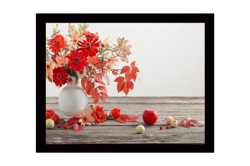 Innrammet lerretsbilde i tre - 41x56 cm - Fargerik bukett med blomster og frukt i en vase - Rød / Oransje / Grønn - Innredning - Bilder & kunst