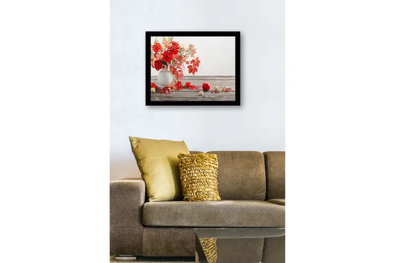 Innrammet lerretsbilde i tre - 41x56 cm - Fargerik bukett med blomster og frukt i en vase - Rød / Oransje / Grønn - Innredning - Bilder & kunst