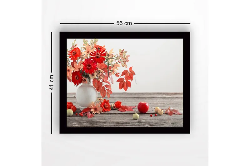 Innrammet lerretsbilde i tre - 41x56 cm - Fargerik bukett med blomster og frukt i en vase - Rød / Oransje / Grønn - Innredning - Bilder & kunst