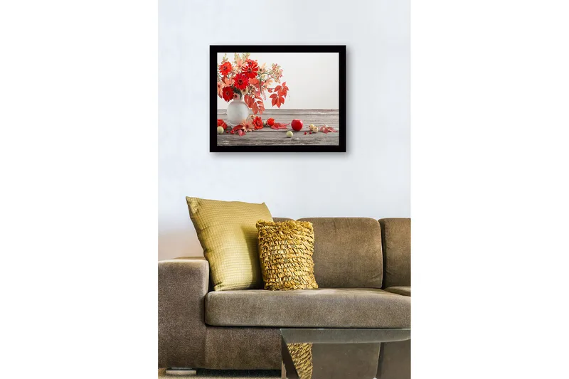 Innrammet lerretsbilde i tre - 41x56 cm - Fargerik bukett med blomster og frukt i en vase - Rød / Oransje / Grønn - Innredning - Bilder & kunst