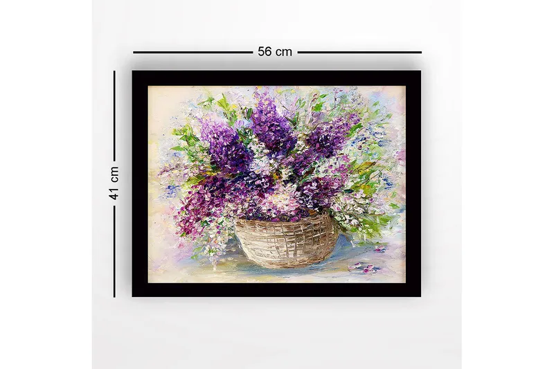 Innrammet lerretsbilde i tre - 41x56 cm - Fargerik bukett med liljer i en kurv - Lilla / Grønn / Hvit - Innredning - Bilder & kunst