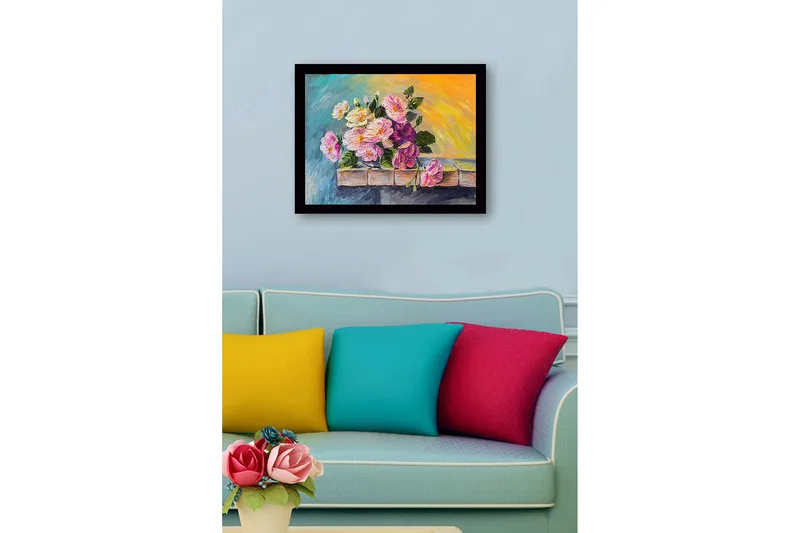 Innrammet lerretsbilde i tre - 41x56 cm - Fargerik bukett med roser i forskjellige nyanser - Rosa / Grønn / Gul - Innredning - Bilder & kunst